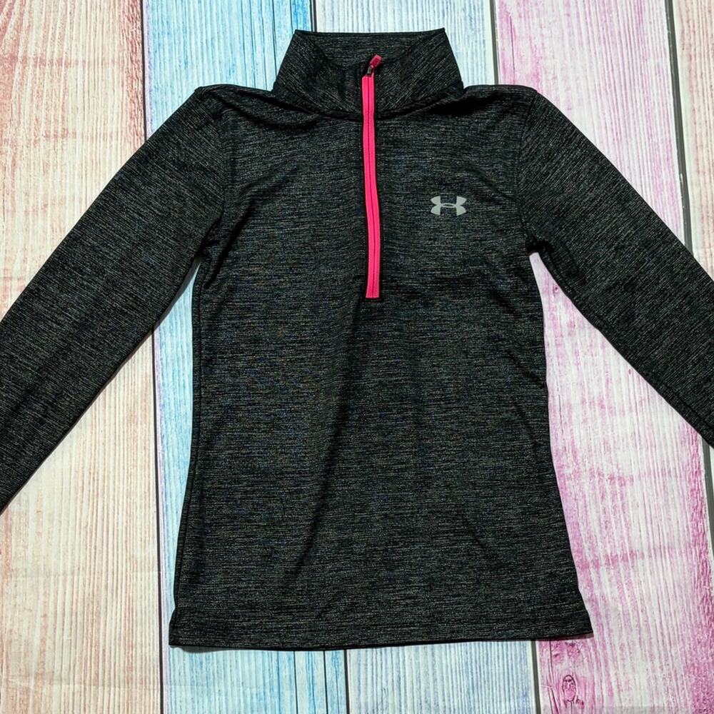 Under Armour Girls Youth Small 8 Heather Black Half Zip Long Sleeve Top EUC